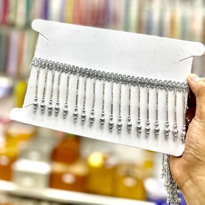 Renda rumbai juntai baju bodo silver per setengah meter