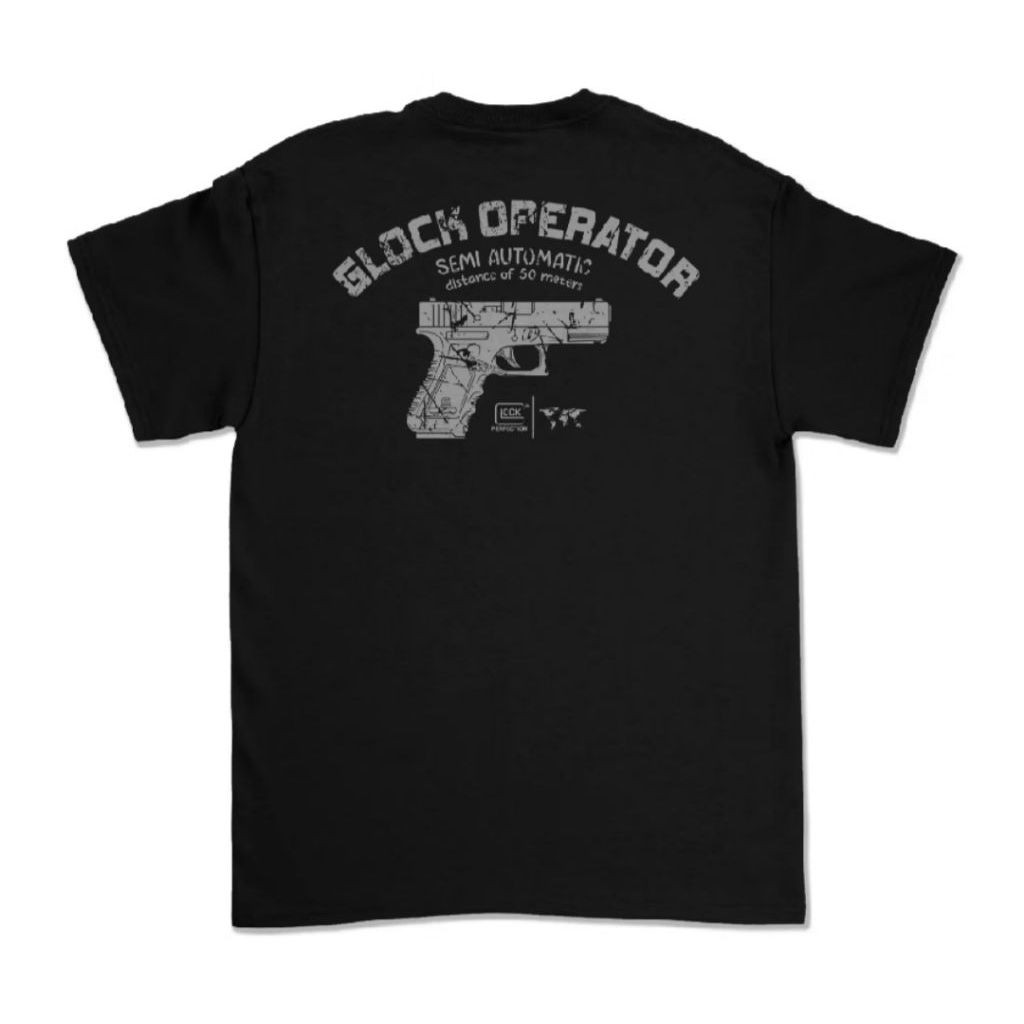 Kaos T-Shirt Hitam Print Belakang Glock Operator Semi Automatic Motif Pistol Lengan Pendek