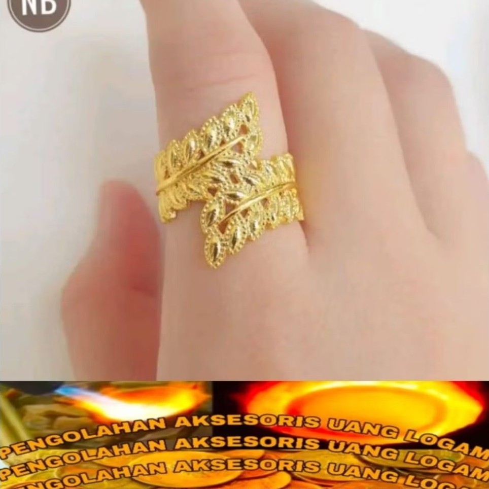 perhiasan wanita cincin koin logam 91 motip daun terbaru