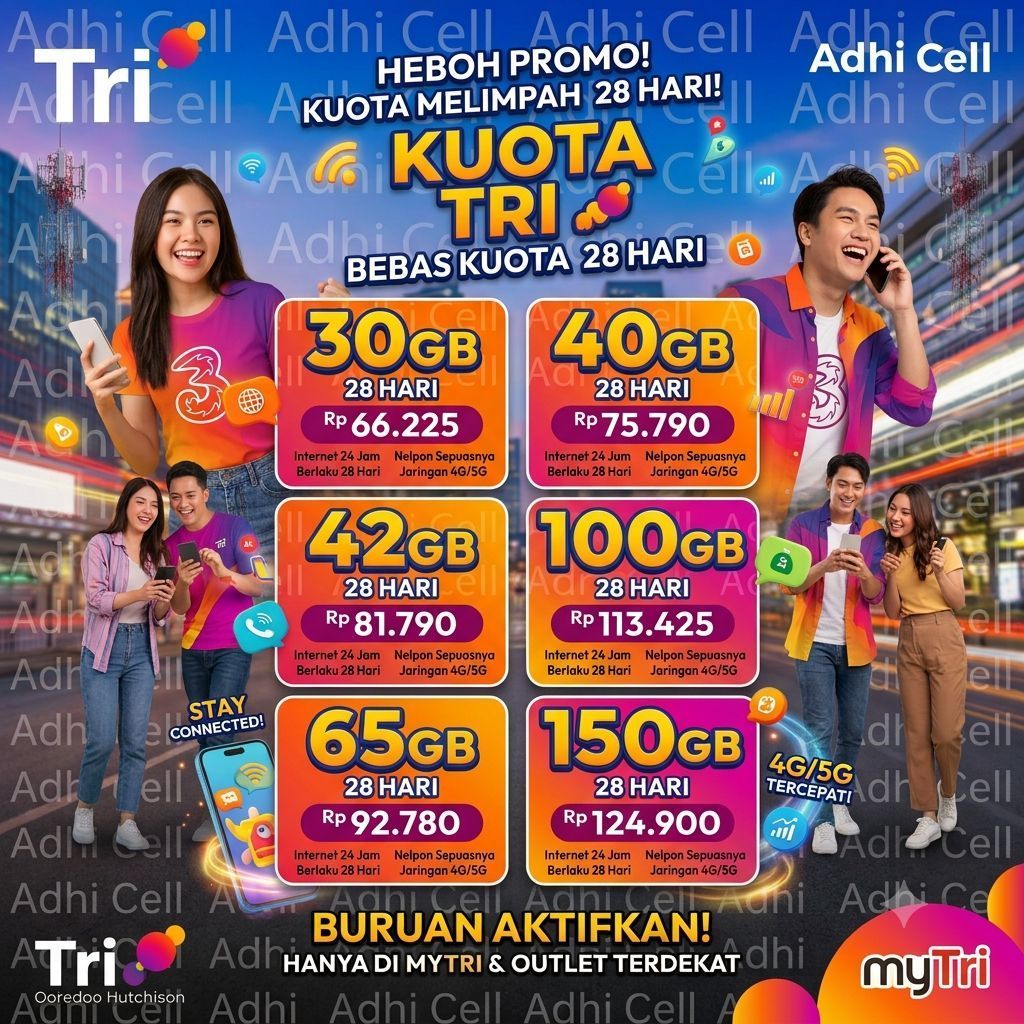 PAKET DATA KUOTA 3 THREE TRI 30GB 42GB 65GB 100GB 150GB NASIONAL