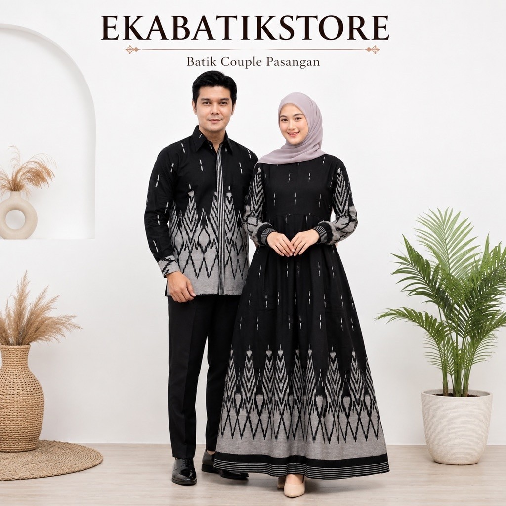 Sepasang COUPLE baju batik model kekinian sarimbit gamis dan kemeja batik baju kondangan nikahan