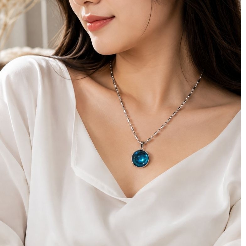Kalung Titanium MCI 60CM dengan Liontin Batu Aquamarine 18MM Bulat Piph Lingkaran