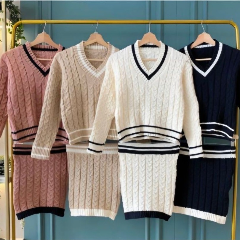 Set rajut preppy wanita/Sweater rok rajut/One set knit V neck