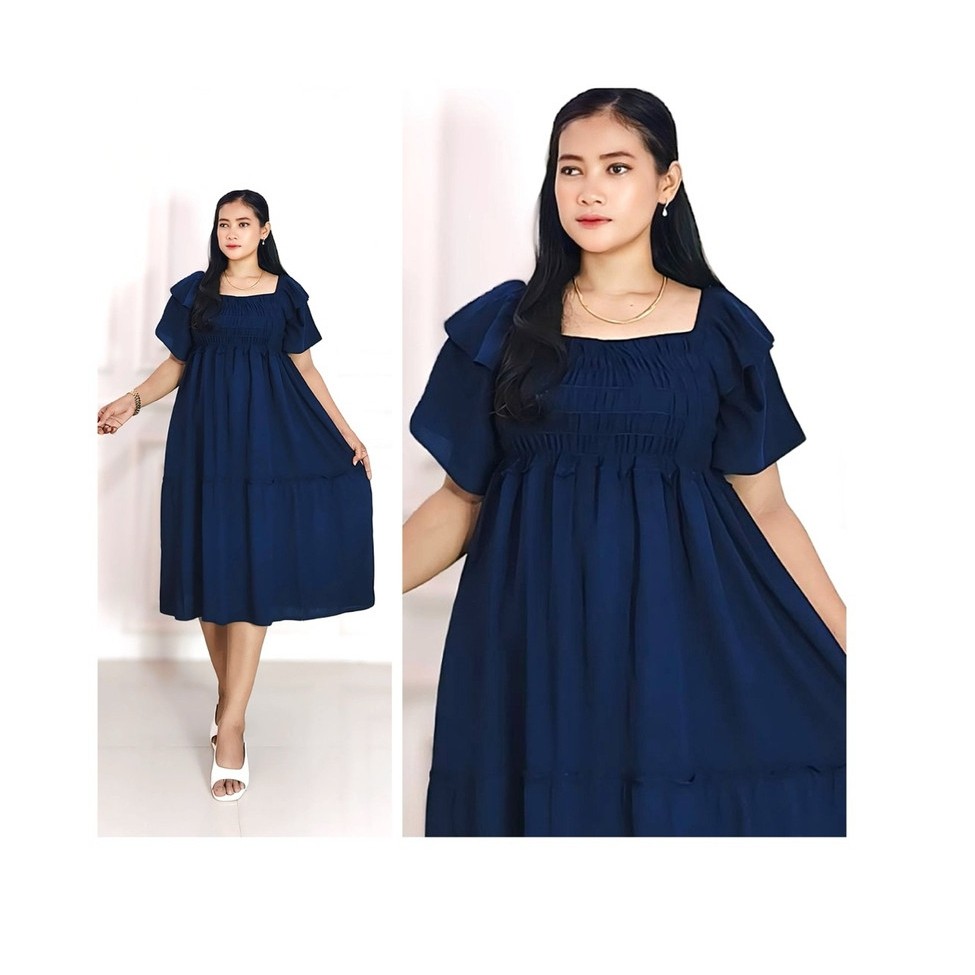 DASTER SMOKE LILY JUMBO LD 120cm PB 105cm LENGAN TUMPUK SUSUN REMPEL/GAUN WANITA JUMBO POLOS//DRESS 