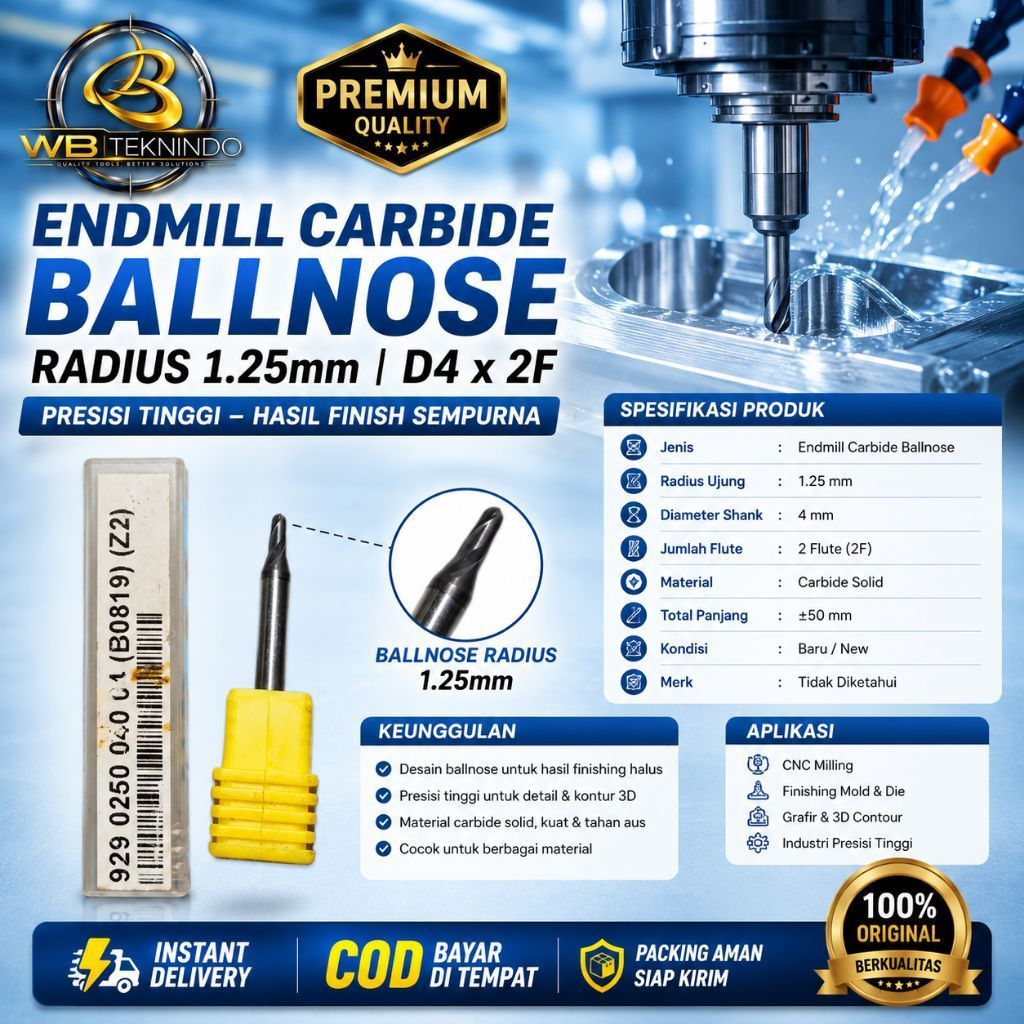 Endmill Carbide Ball Nose D4 2F Radius 1.25mm Solid Carbide CNC Milling Ballnose Endmill Baru