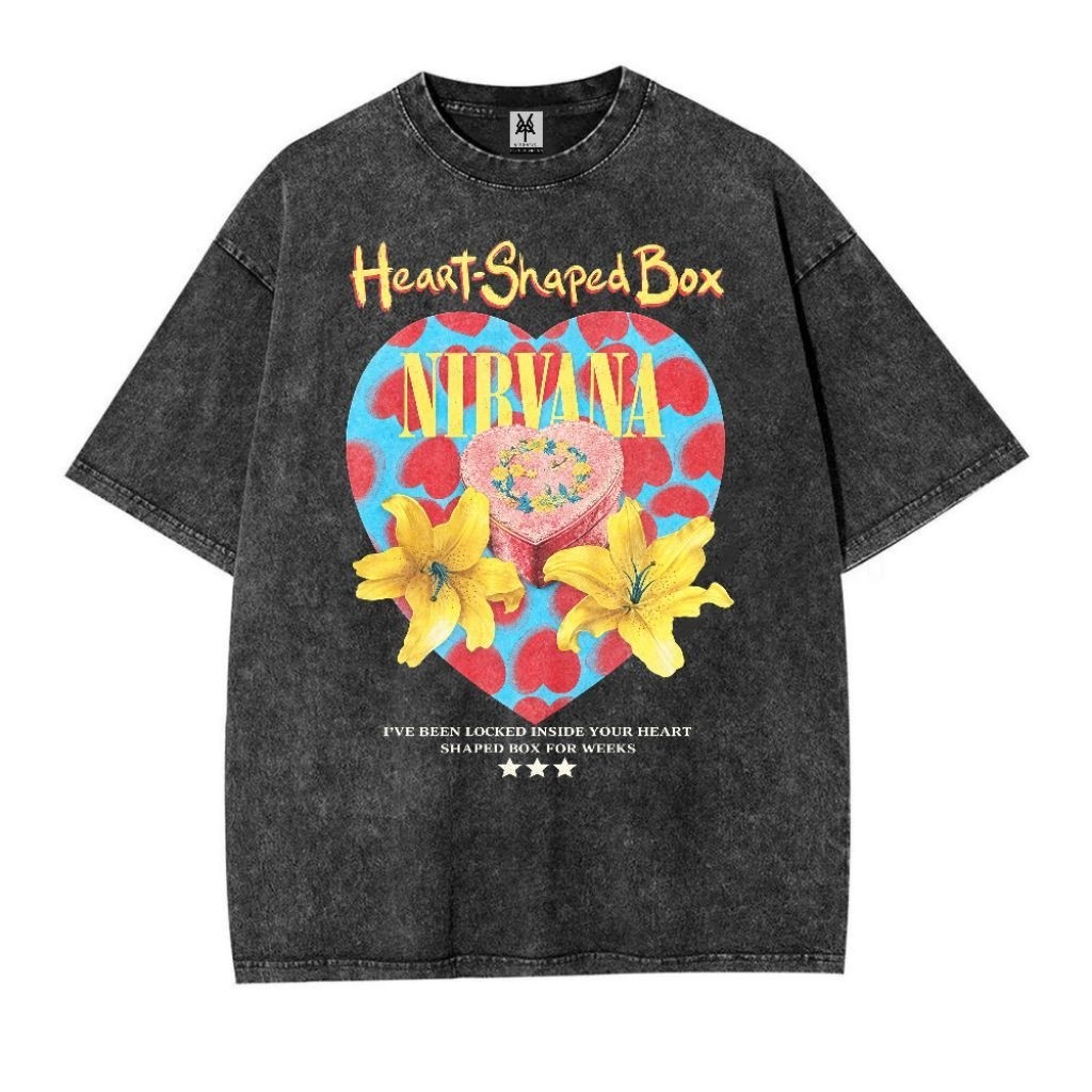 Pattern Merch Kaos Oversize Stone Black Washed Nirvana Heart Shaped Box Vintage Unisex Graphic Tee