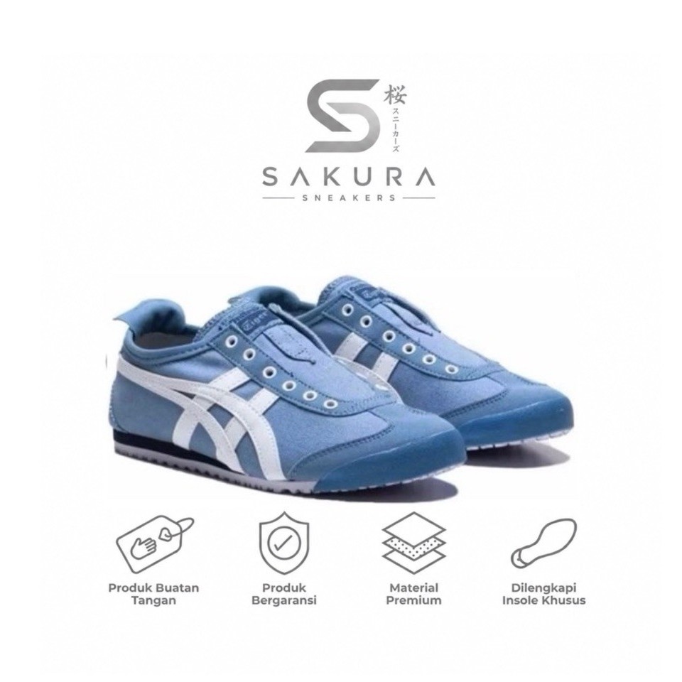 Sepatu Pria Wanita Sneakers Onitsuka Tiger Mexico 66 Slip On Kanvas Blue White
