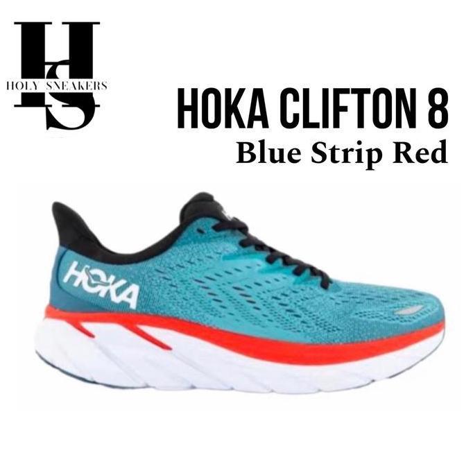 Sepatu Hoka Clifton 8 Wide Blue Strip Red Original