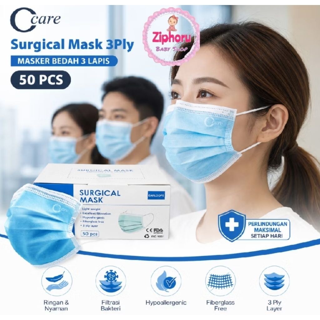 C Care Masker Earloop  3 Ply Embos 50 Pcs KEMENKES