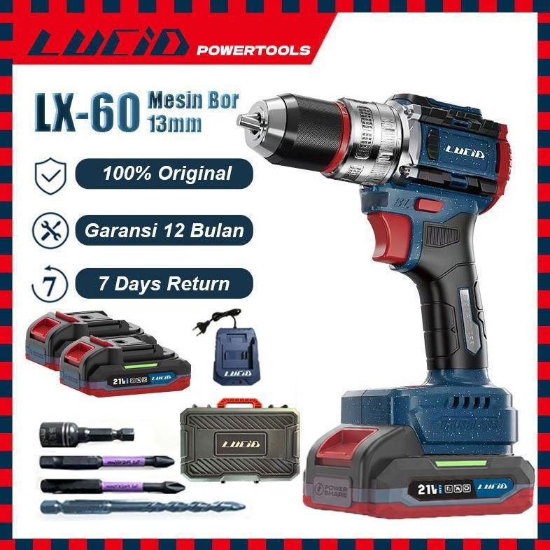 LUCID LX-60 Cordless Mesinbor 13MM 2.0AH REAL 21V lithium battery impact drill brushless baterai Ori