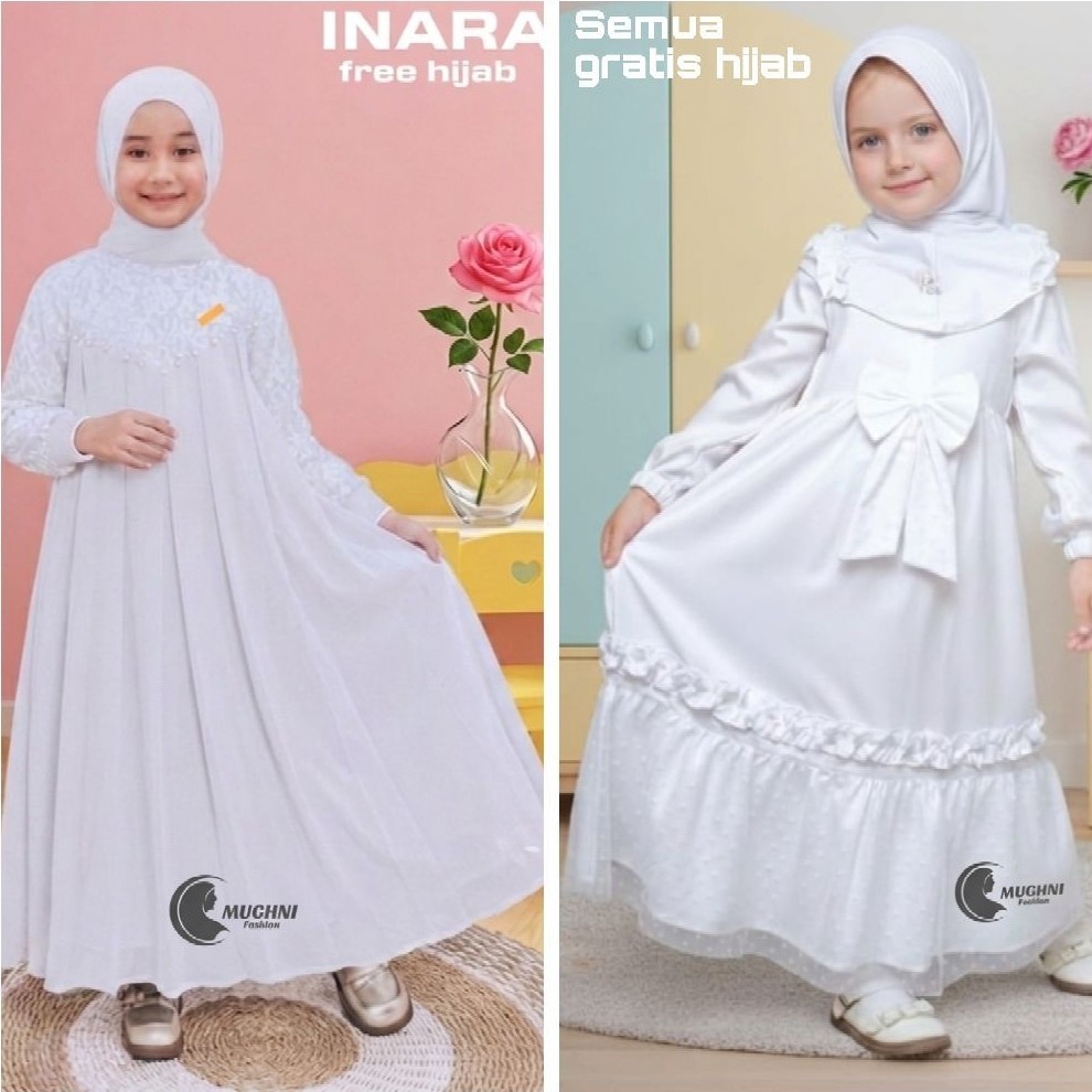 Set Gamis Anak Putih Perempuan Gratis Hijab 1-13 Tahun