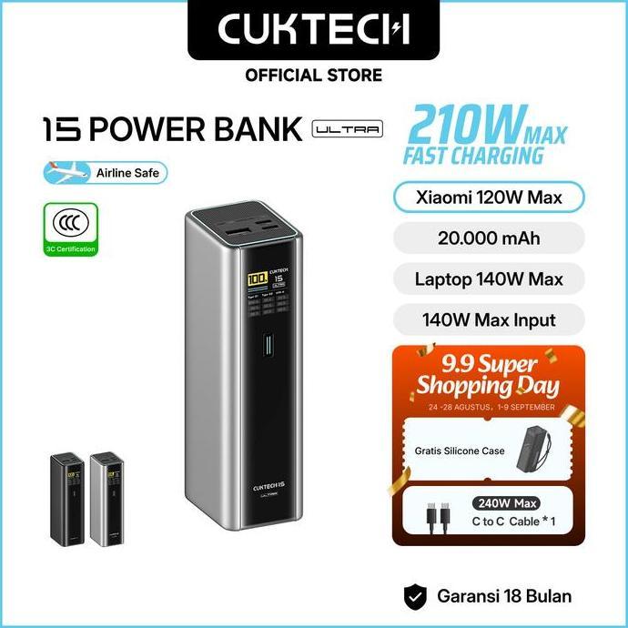 PREMIUM CUKTECH Powerbank CCC 210W Max 20000mAh PD3.1 Fast Charging Smart Digital Display 3 Ports US