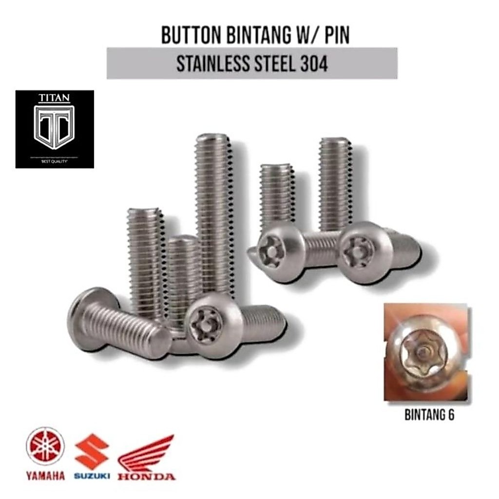 (1 Pcs) Baut Bintang Torq w/ pin M6 x 16 / M6 x 18 / M6 x 20 / M6 x 25 mm Baut Button W/PIN SS304 Ba