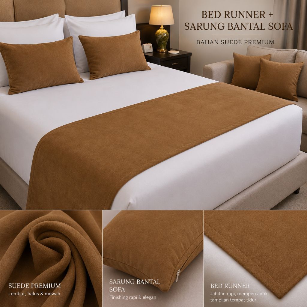 Bed Runner Selendang Kasur hotel villa | polos minimalis set sarung + Bantal 35×35