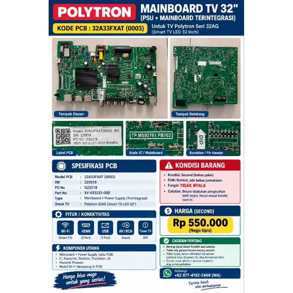 SECOND MAINBOARD POLYTRON 32AGModel PCB: 32A33FXAT (0003) TV POLYTRON PLD