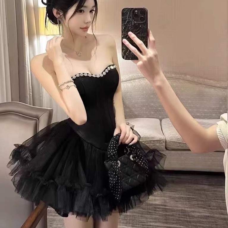 Dress gaun pesta hitam wanita korea freesize