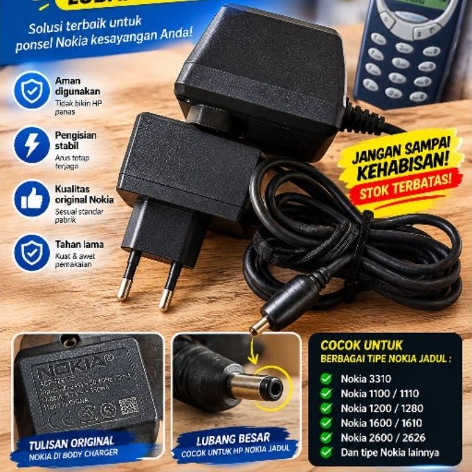 Charger Nokia Jadul Original copotan lubang besar cocok untuk nokia 3310,1100,1200,1600,2626,,2600 d