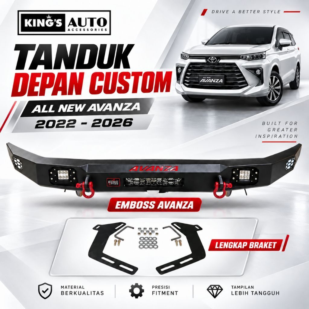Tanduk Depan Custom All New Avanza 2022-2026 Emboss AVANZA + LED 6 Titik + Bracket