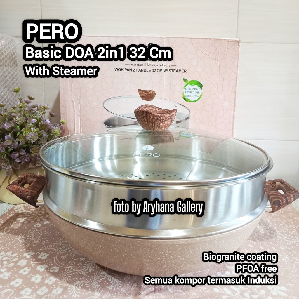 PERO Basic DOA series Wok Pan 2in1 Lid Glass With Steamer 32 cm Biogranite Coating Anti Lengket