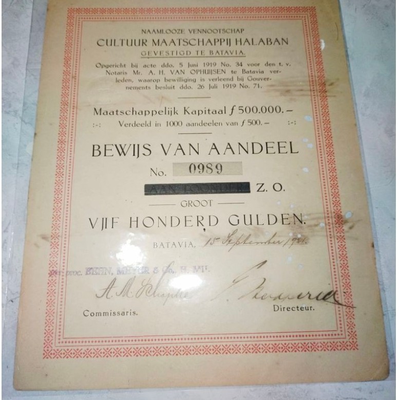 Obligasi cultuur Maatschappij Halaban tahun 1919