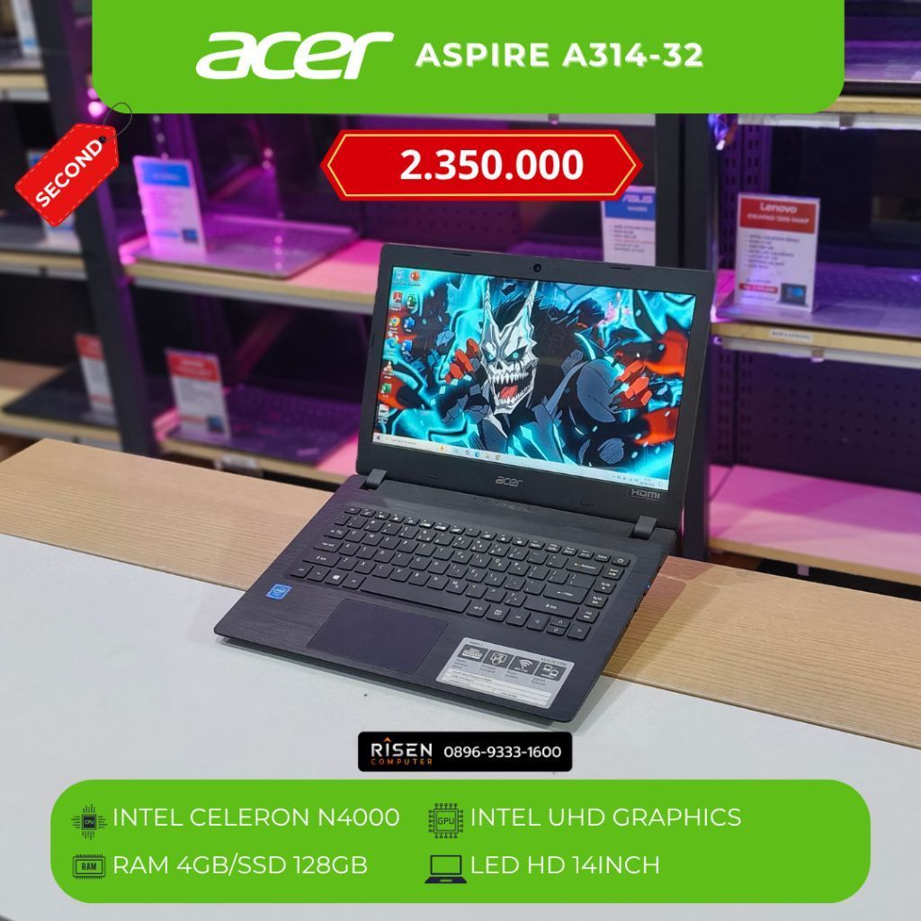 ACER ASPIRE A314-32 Intel Celeron N4000 RAM 4GB SSD 128GB HD 14inch Notebook Second Bekas Laptop