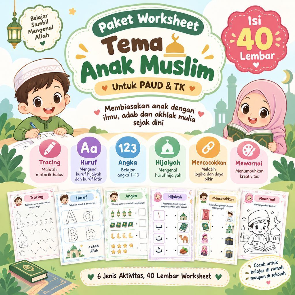 Worksheet Anak PAUD TK Islami 40 Lembar | Belajar Huruf Angka Hijaiyah Tracing & Mewarnai