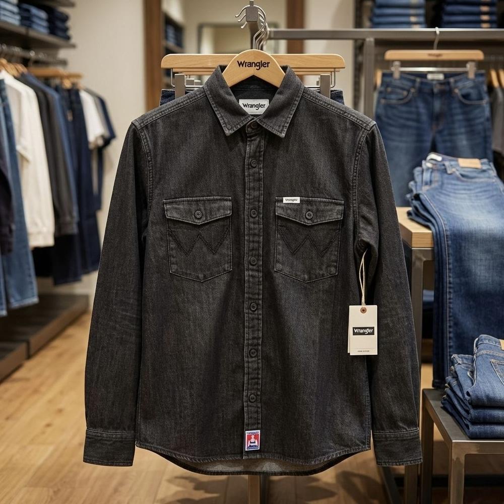Free Ongkir Wrangler Kemeja Denim Pria Lengan Panjang Black Wash Original - Kemeja Jeans Hitam Cowok
