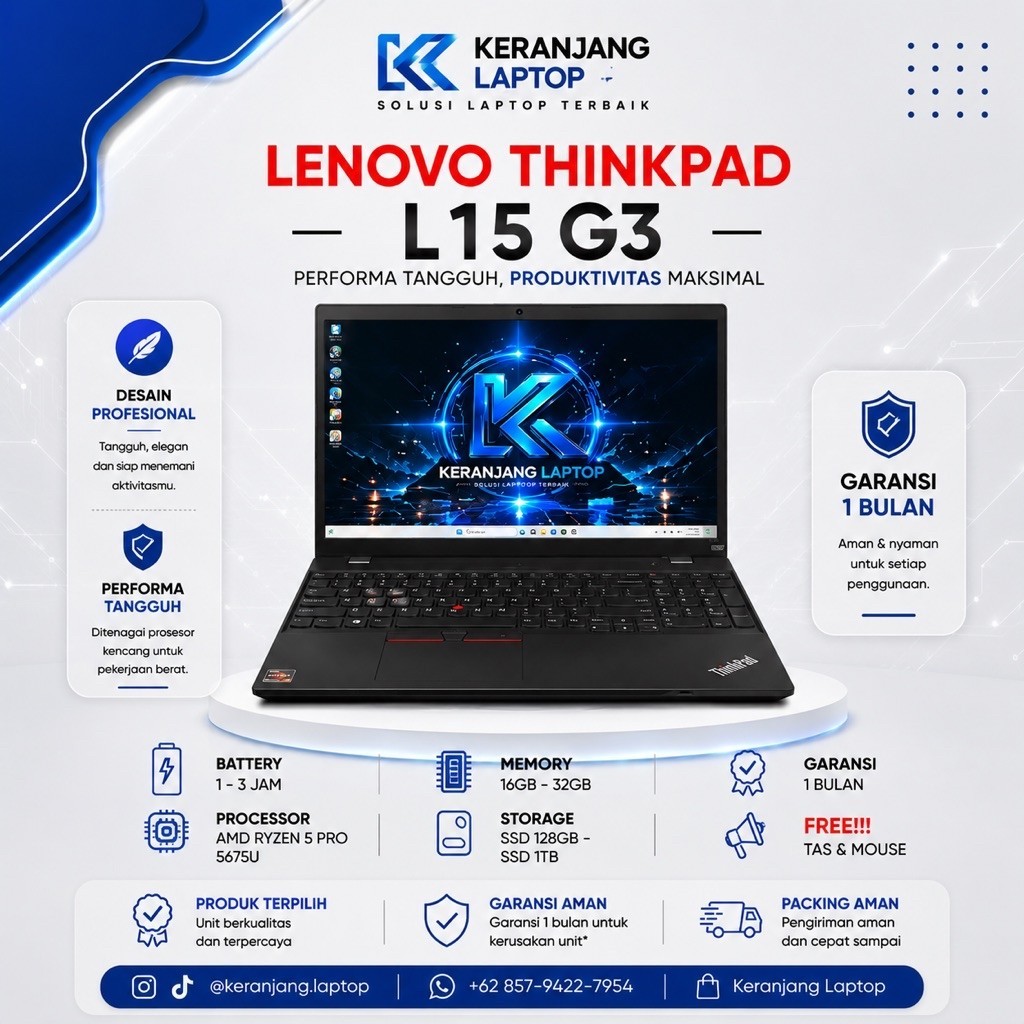 Laptop Lenovo Thinkpad L15 G3 Amd Ryzen 5pro 5675u Vga 4gb Ram Up To 64GB Ssd Up To 2TB