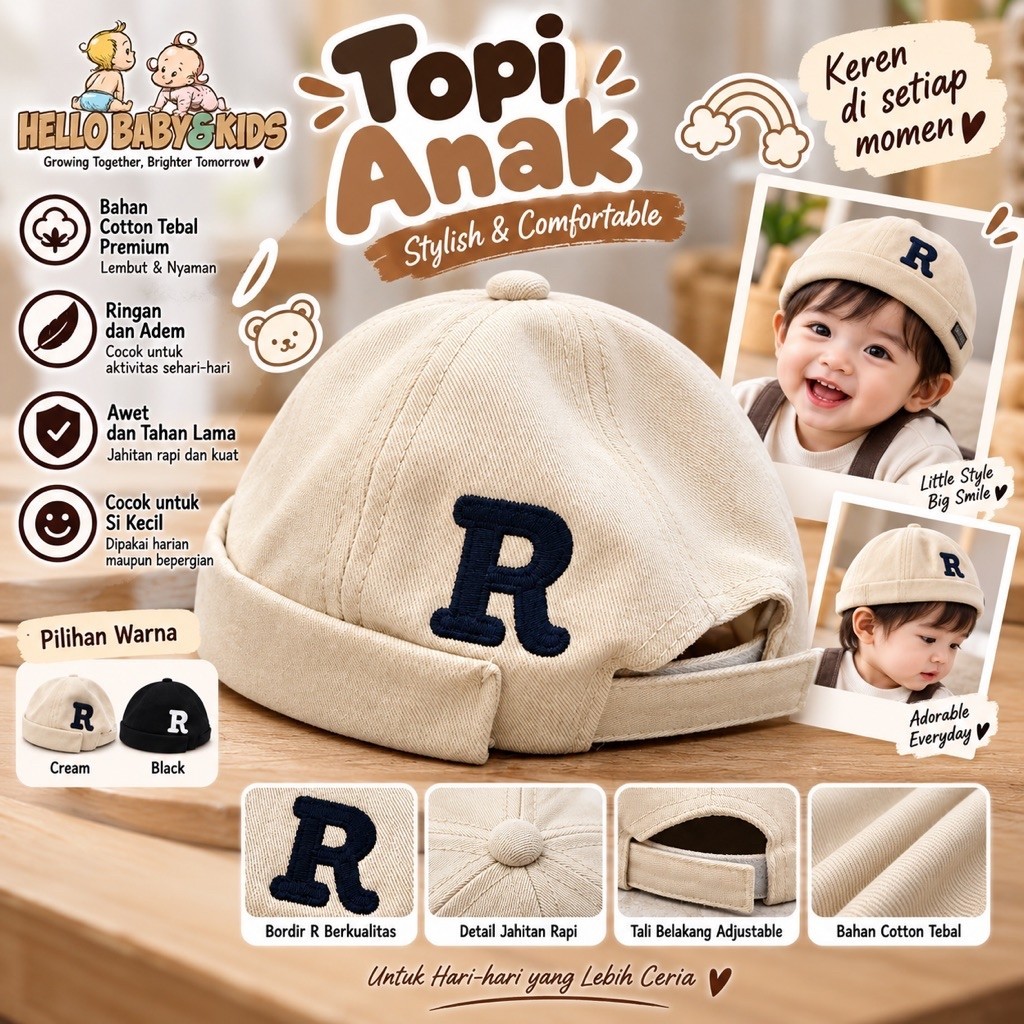 TOPI anak bulat huruf R