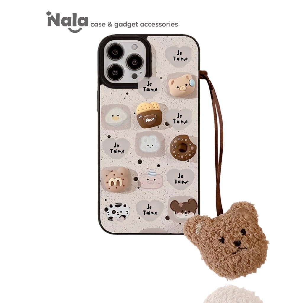 Case iPhone 11 12 13 14 15 16 17 | Bear & Donut Dessert Bakery 3D Dengan Tali | Case Hp Premium | Ka