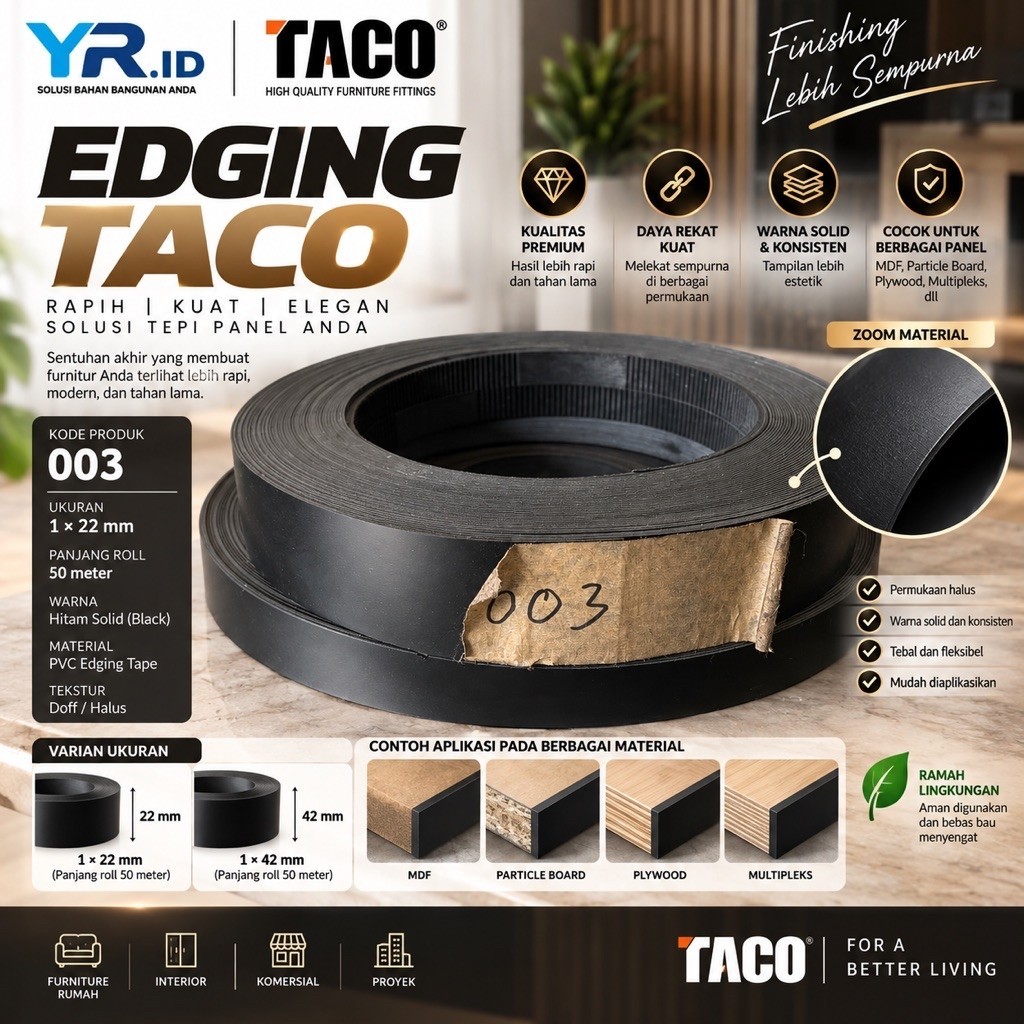 Edging TACO 003 List Tepi PVC 1x22mm 1x42mm Warna Hitam Solid Doff Per Meter