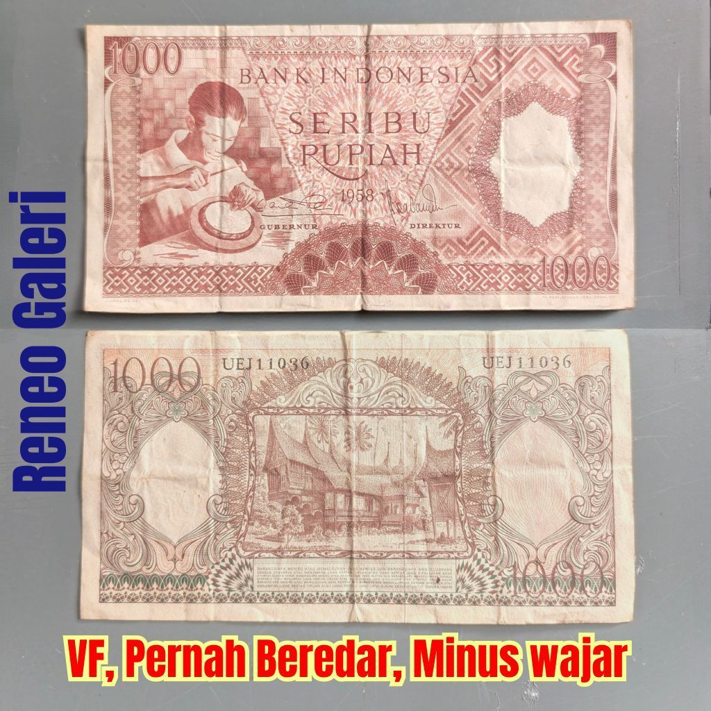 VF Asli 1000 Rupiah seri pekerja Merah tahun 1958 Rp Coklat Uang kertas kuno  duit lama original Kol