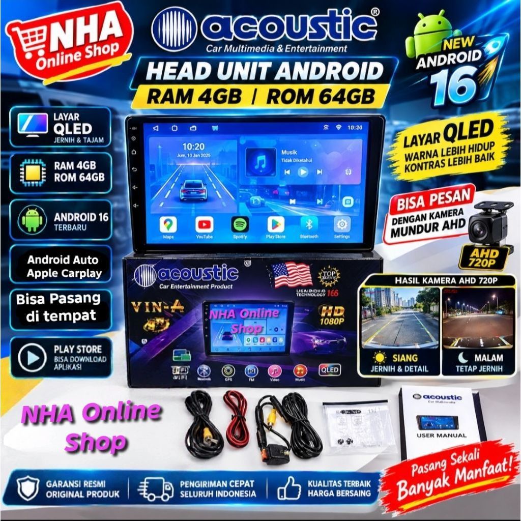 Head unit android Acoustic AC-6907 Ram 4/64 gb Support android auto Apple Carplay