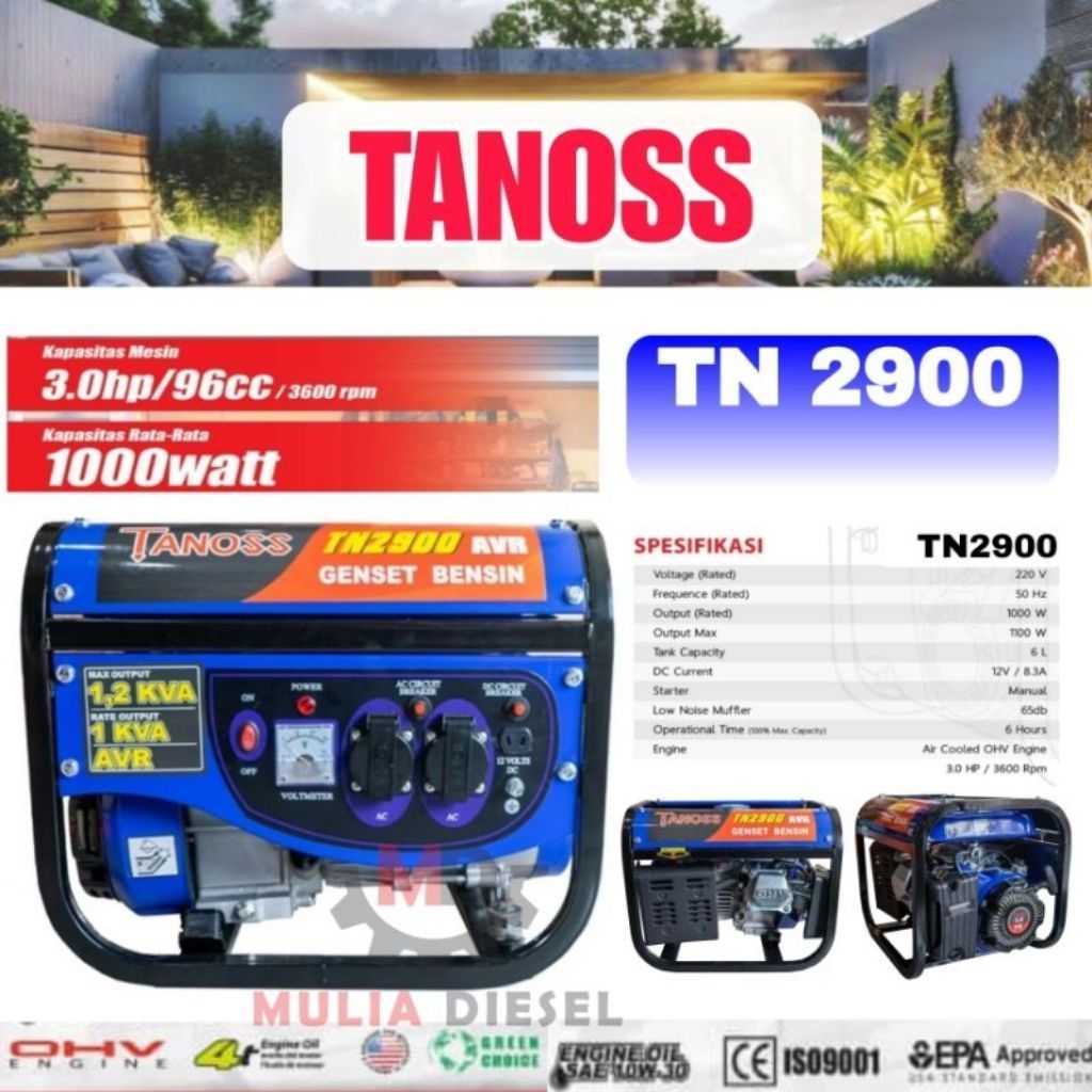 TANOSS Mesin Genset Bensin TN 2900 AVR 3.6Hp 220V 1200W AVR Recoil Starter