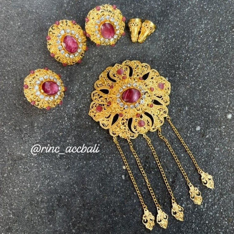 NEW PREMIUM - Set Bros Alpaka Bali Cendana Rantai Permata Ruby Ukuran Bros Besar / lapis emas 24 kar