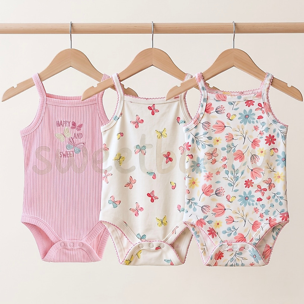 SWEETBAEBY - Jumper Bayi Kutung 3pcs Unisex Bodysuit Sleeveless Katun Lembut 0-9bulan (3VS FLUTTER)