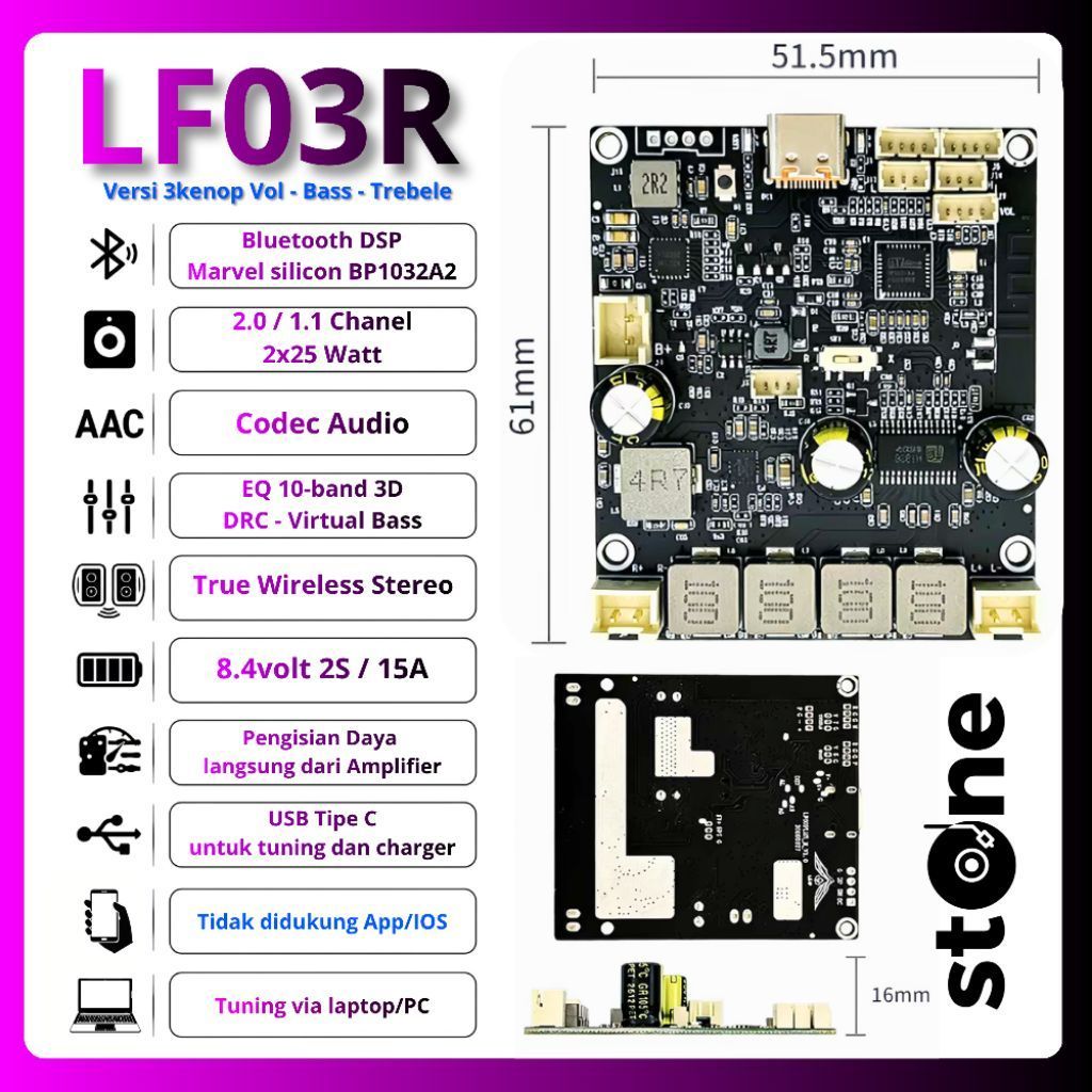 TIPE LF03R _ Amplifier Bluetooth Dsp MV silicon 2x25Watt [[ Versi 3 kenop  ]]