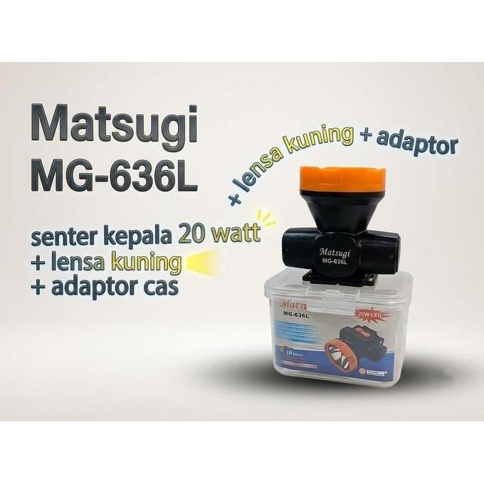 Senter Kepala 20W Di Jamin Terang Matsugi Mg-636L Lensa Kuning Adaptor Cas Head Lamp Camping