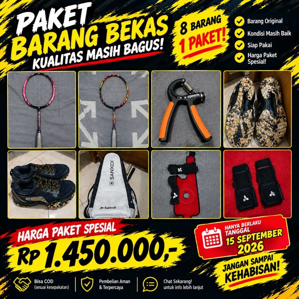 PROMO PAKET PRO PLAYER BADMINTON [ semua unit second dan ori 2x Racket, 1x socks, 1x knee support, 1