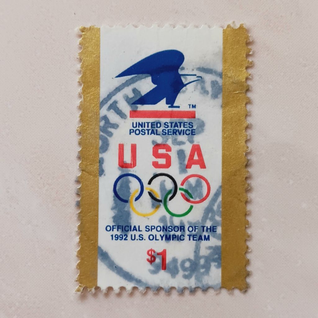 (OG) Perangko Amerika Serikat 1991 USPS Eagle Logo w/ Olympic Rings 1 dollar Used