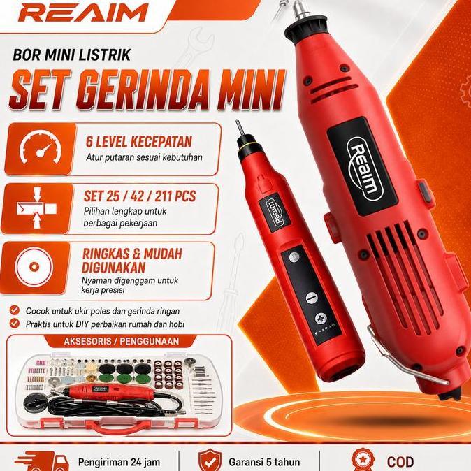 REAIM Mini Drill Grinder Set 12V DC 15000RPM Bor Listrik Mini Grinder 211PCS Rotary Tool Bor Mini El