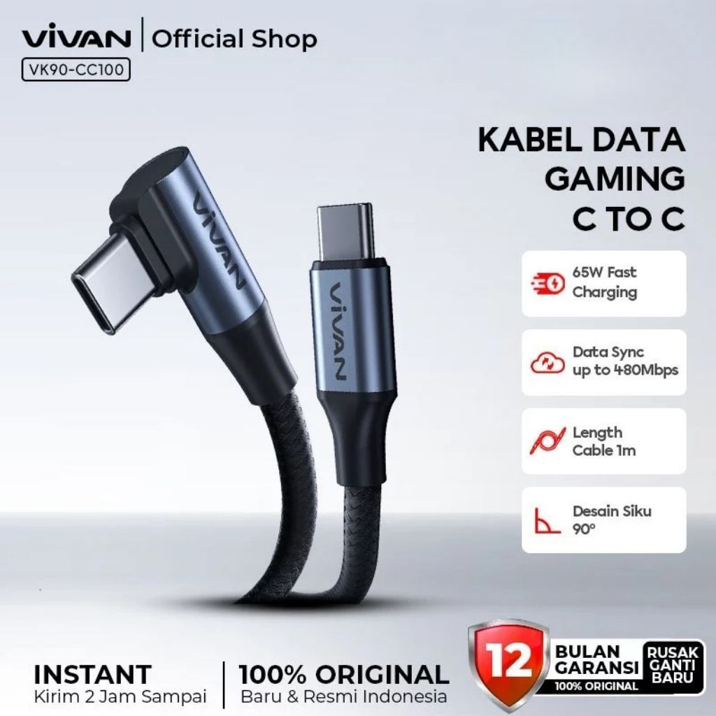 Kabel Gaming Tipe C Vivan VK90-CC100 Tipe C To Tipe C Support 65W 100cm 1m Original Bergaransi VK90C