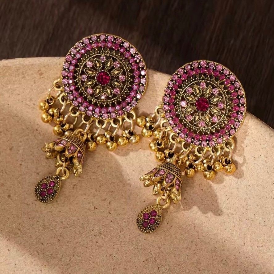 Anting India Ungu Mewah Full Kristal Model Bulat Rumbai Mini Lonceng Limited Stock