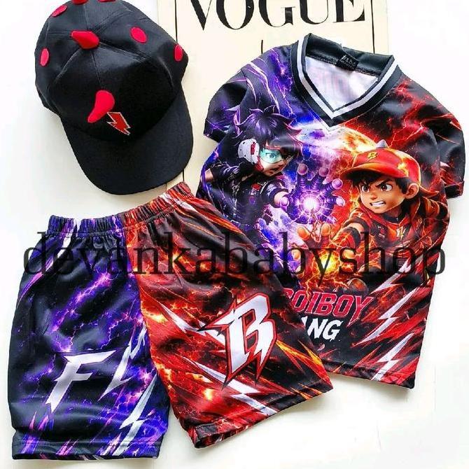 DS293 >> Boboiboy & Fang Baju Anak Laki-laki dengan Topi Hitam Motif Petir dan Api