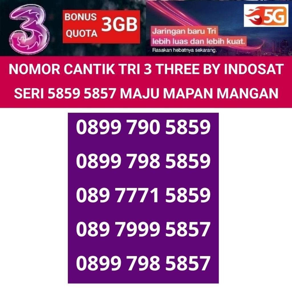 tri 3 three hoki maju mapan 5758 nomor cantik kartu perdana nomer rapih 11 digit bonus quota 3GB