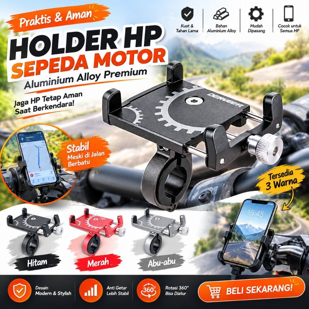 Holder HP Motor Aluminium Alloy – Dudukan HP Smartphone Stang Motor Anti Goyang