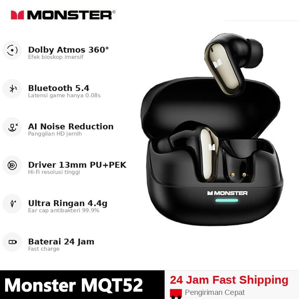 Monster MQT52 TWS Bluetooth 5.4 Earphone Wireless Dolby Atmos Bass HD Call AI Noise Cancelling Gamin