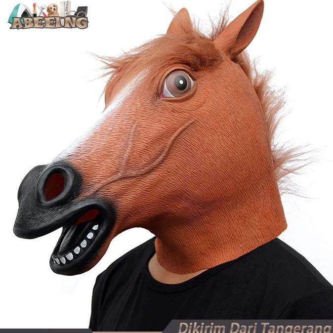Topeng Kuda Latex Mask Hood Horse Mask-Cokelat