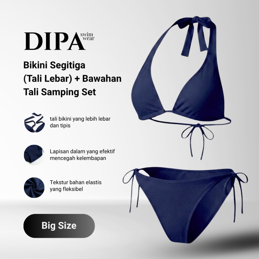 DIPA SWIMWEAR (1 SET) Bikini Segitiga (Tali Lebar) + Bawahan Tali Samping (XL) Set - Bikini Premium 