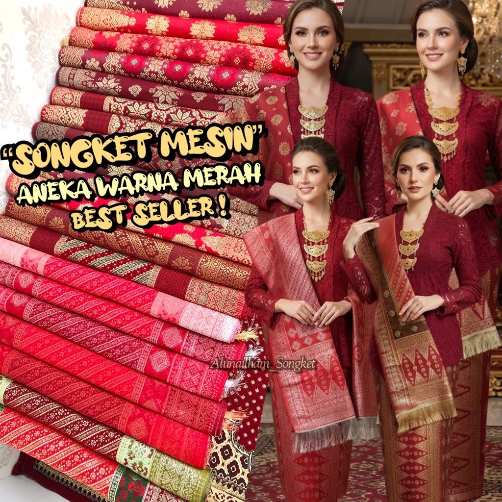 SONGKET MESIN ANEKA WARNA MERAH - ASLI TENUN MESIN PALEMBANG(ILHAM SONGKET)